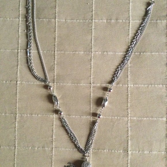 Women's long necklace silver tone metal chains beads multilayered 21" - Picture 4 of 4